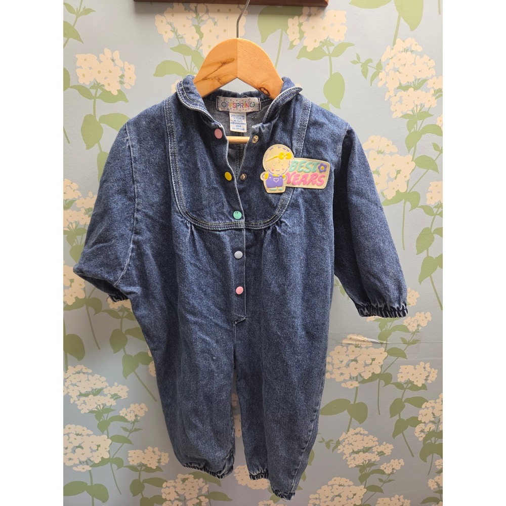 Vintage Offspring Denim Romper 18M Blue Cotton Best Years Patch Pastel Snaps